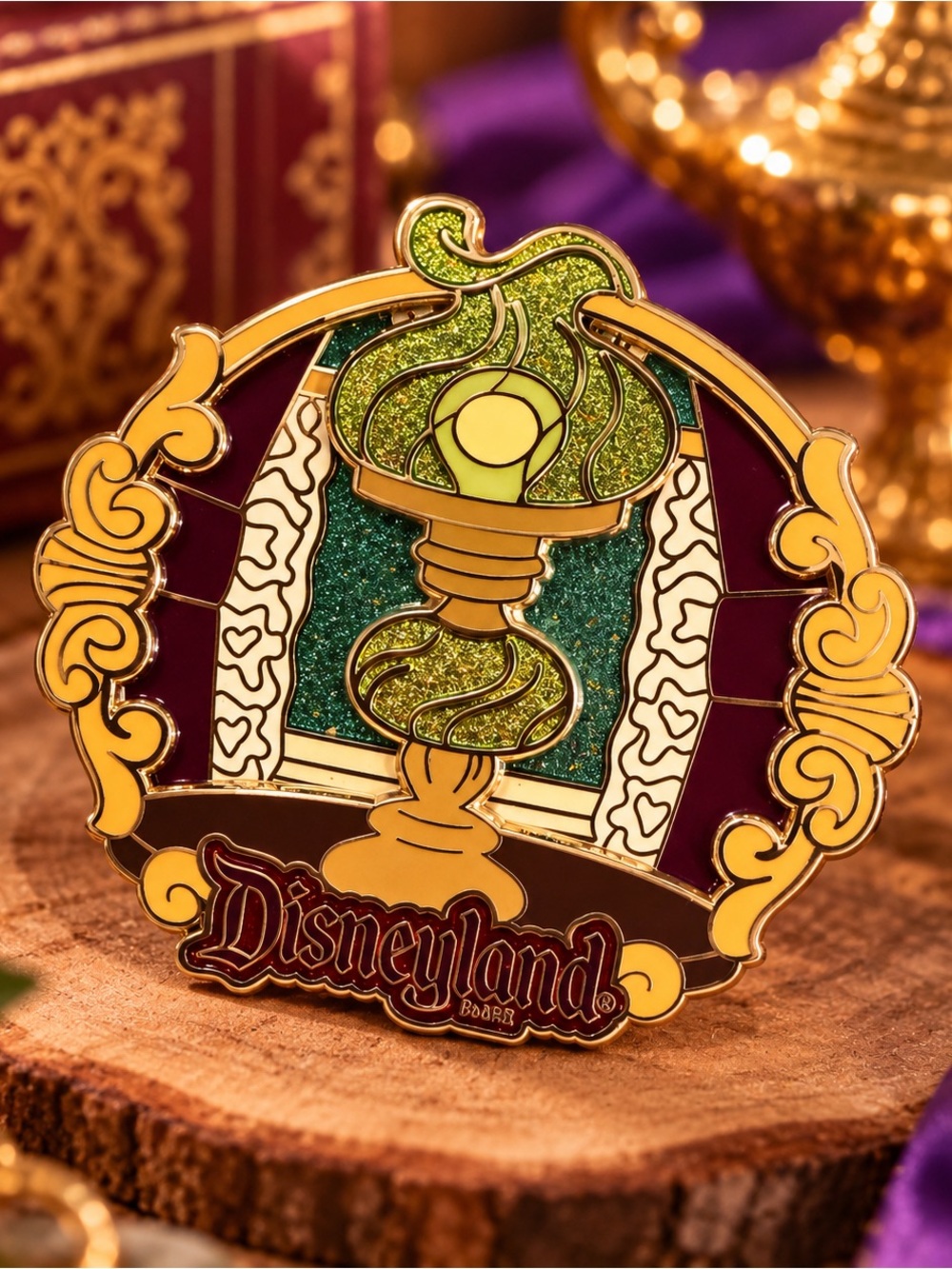 Disneyland Magic Lamp Genie Enamel Trading Pin Gold Green Glitter Disney Parks